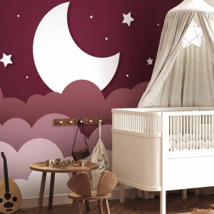 Papier peint - Moon dream - clouds in a maroon sky with stars for children