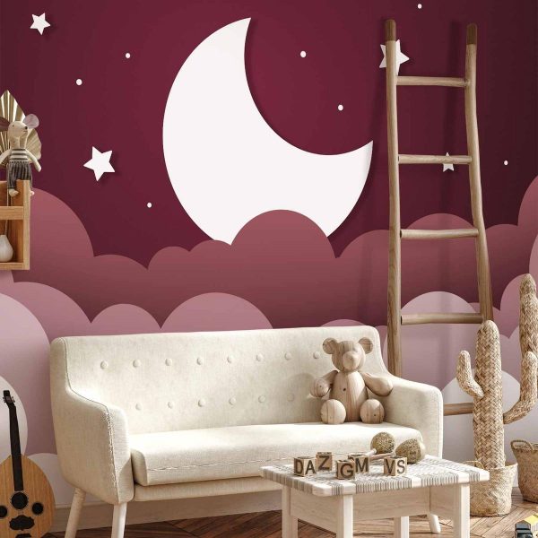 Papier peint - Moon dream - clouds in a maroon sky with stars for children