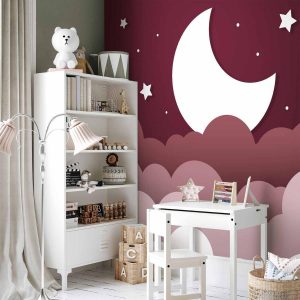 Papier peint - Moon dream - clouds in a maroon sky with stars for children