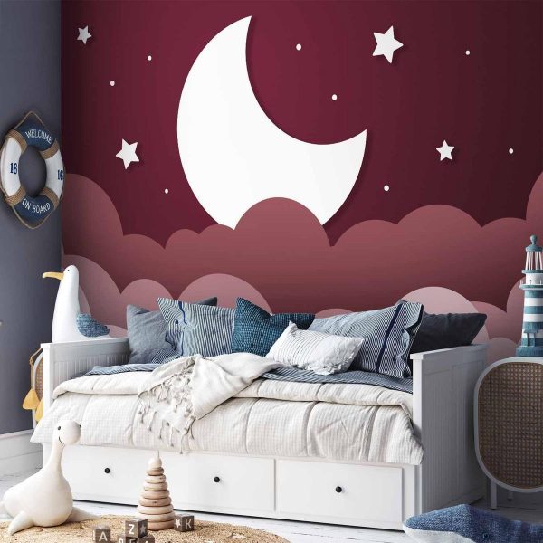 Papier peint - Moon dream - clouds in a maroon sky with stars for children