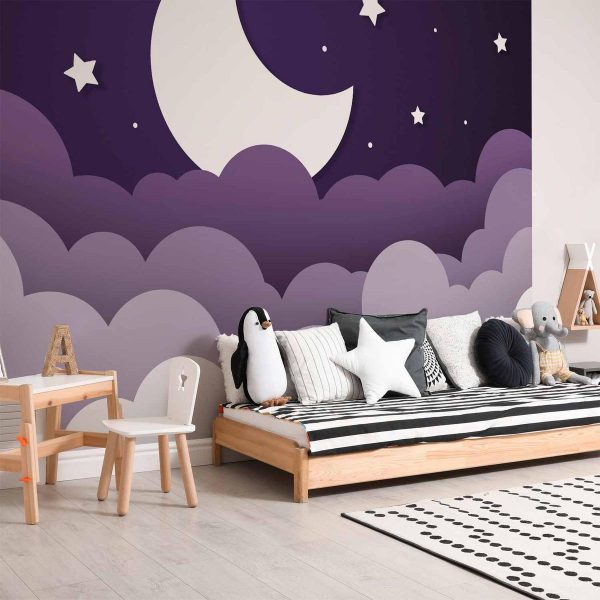 Papier peint - Moon dream - clouds in a purple sky with stars for children
