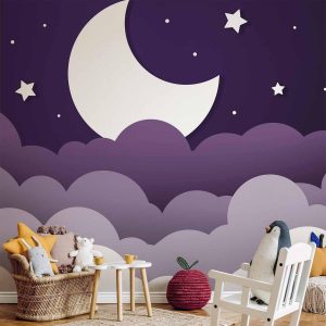 Papier peint - Moon dream - clouds in a purple sky with stars for children