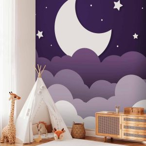 Papier peint - Moon dream - clouds in a purple sky with stars for children