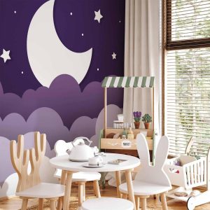 Papier peint - Moon dream - clouds in a purple sky with stars for children