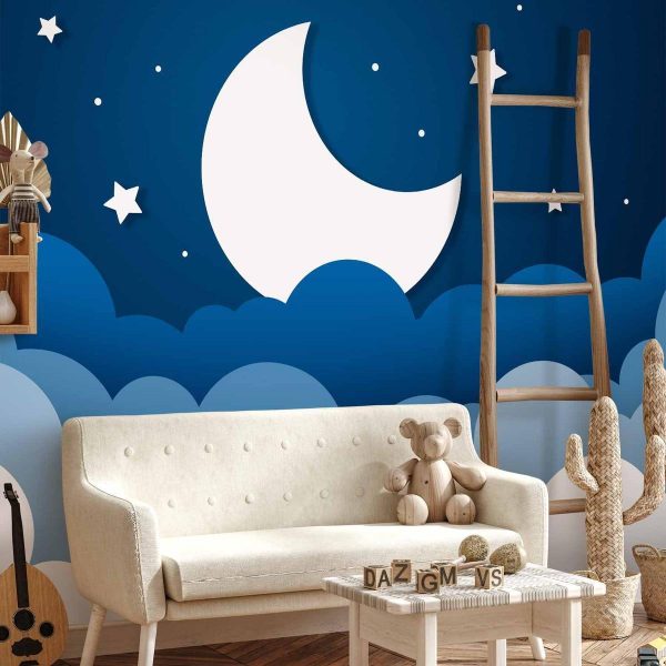 Papier peint - Moon dream - clouds on a dark blue sky with stars for children