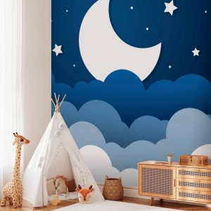 Papier peint - Moon dream - clouds on a dark blue sky with stars for children