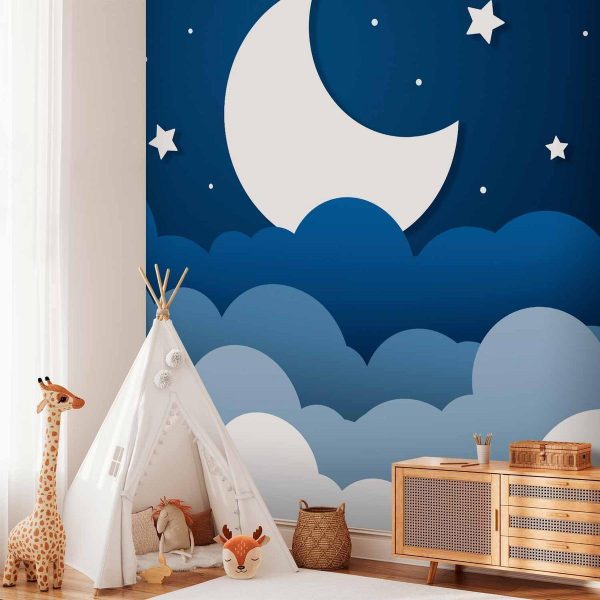 Papier peint - Moon dream - clouds on a dark blue sky with stars for children