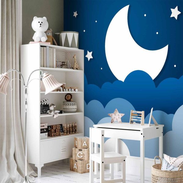 Papier peint - Moon dream - clouds on a dark blue sky with stars for children