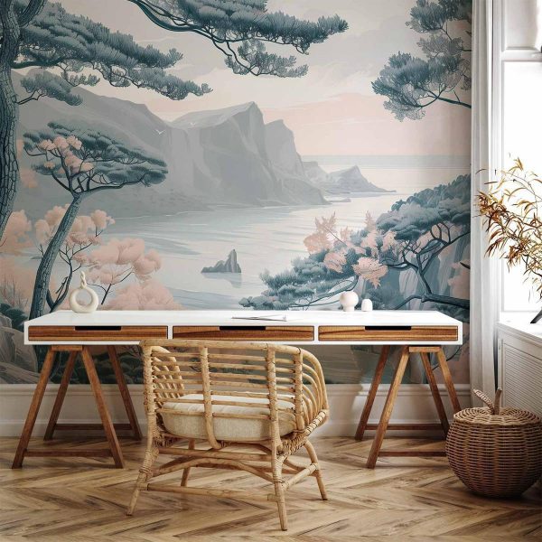 Papier peint - Mountainous Coast with Trees and Rocks in Light Pastel Blues