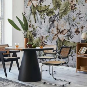 Papier peint - Nature in retro style - jungle landscape with pale leaves and flowers