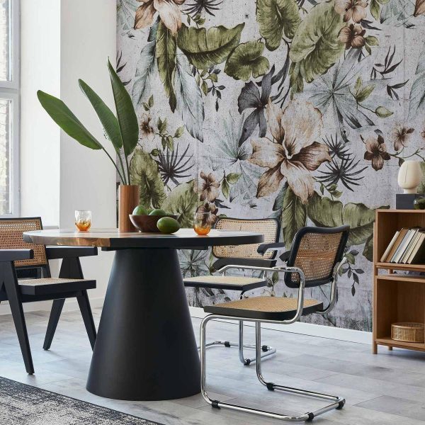 Papier peint - Nature in retro style - jungle landscape with pale leaves and flowers