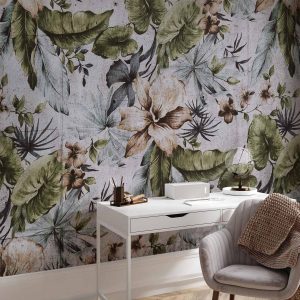 Papier peint - Nature in retro style - jungle landscape with pale leaves and flowers