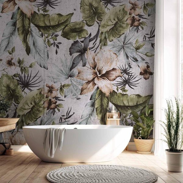 Papier peint - Nature in retro style - jungle landscape with pale leaves and flowers