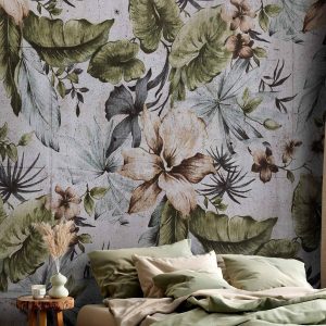 Papier peint - Nature in retro style - jungle landscape with pale leaves and flowers