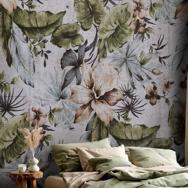 Papier peint - Nature in retro style - jungle landscape with pale leaves and flowers