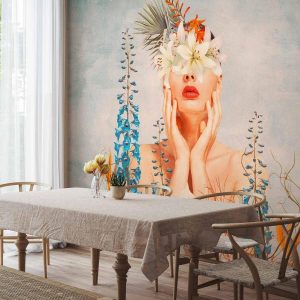 Papier peint - Nature in thought - female figure among flowers on a patterned background