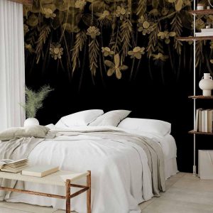 Papier peint - Nature landscape - black abstract nature motif with flowers in sepia