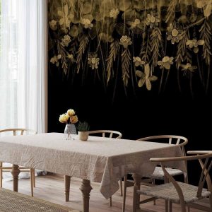 Papier peint - Nature landscape - black abstract nature motif with flowers in sepia