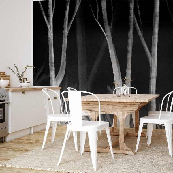 Papier peint - Noise of the forest at night - minimalist landscape of white trees on a black background