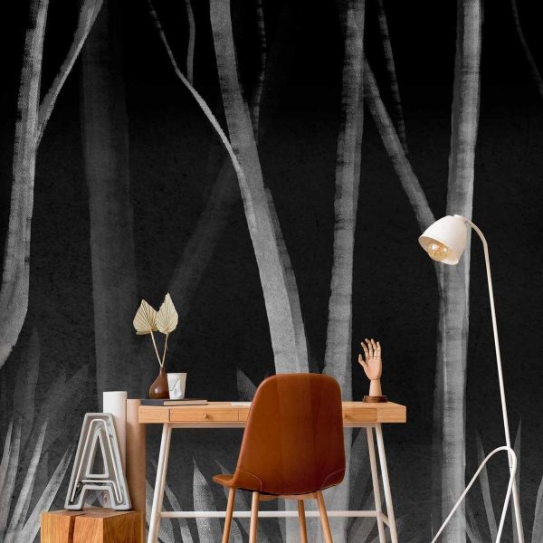 Papier peint - Noise of the forest at night - minimalist landscape of white trees on a black background