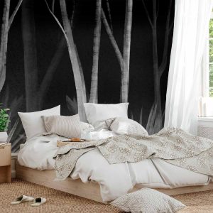 Papier peint - Noise of the forest at night - minimalist landscape of white trees on a black background