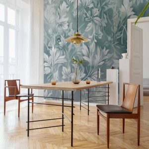 Papier peint - Ornaments in Worn Muted Turquoises: Delicate Plant Pattern