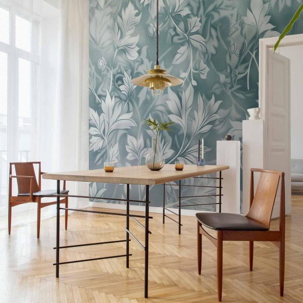 Papier peint - Ornaments in Worn Muted Turquoises: Delicate Plant Pattern