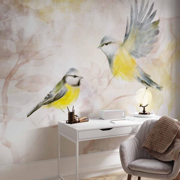 Papier peint - Painted tits - bird motif with patterns in yellow and beige tones