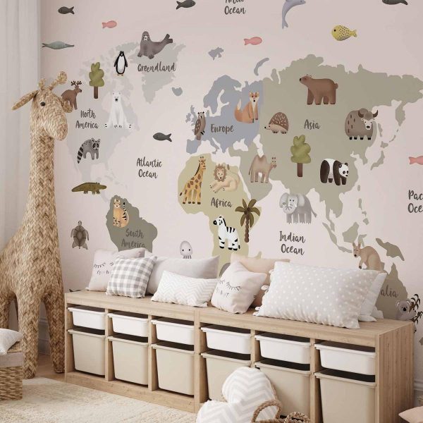 Papier peint - Pastel Map - Animals and Continents for Children's Room