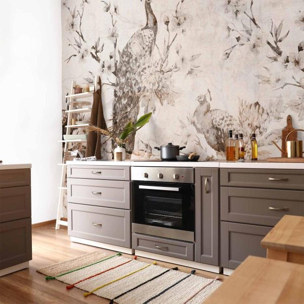 Papier peint - Peacocks in Delicate Beige