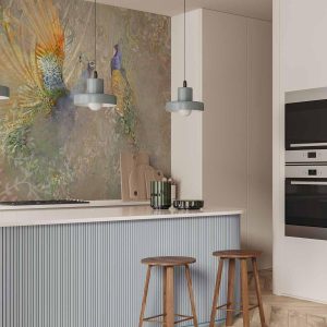 Papier peint - Peacocks in dance - bird motif among an abstract pattern with ornaments