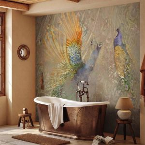 Papier peint - Peacocks in dance - bird motif among an abstract pattern with ornaments