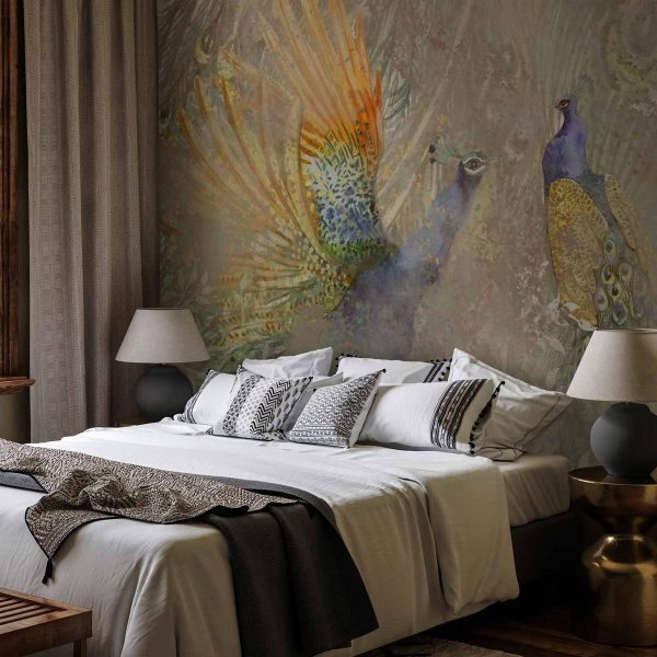 Papier peint - Peacocks in dance - bird motif among an abstract pattern with ornaments