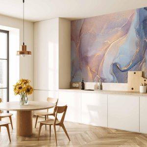 Papier peint - Pink and Blue Marble - Abstract Watercolour With Gold Accent