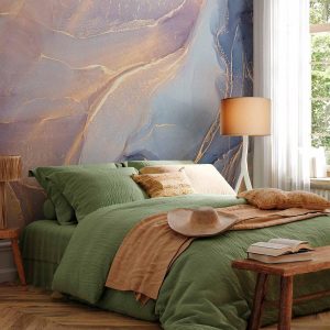 Papier peint - Pink and Blue Marble - Abstract Watercolour With Gold Accent