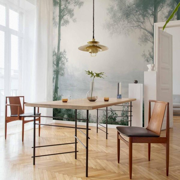 Papier peint - Retro Landscape - Grove Trees and Pond in Patinated Shades of Green