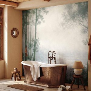 Papier peint - Retro Landscape - Grove Trees and Pond in Patinated Shades of Green