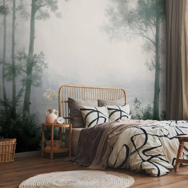 Papier peint - Retro Landscape - Grove Trees and Pond in Patinated Shades of Green