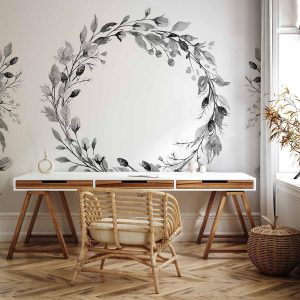 Papier peint - Romantic wreath - grey plant motif with leaves with rose pattern