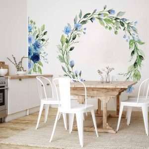 Papier peint - Romantic wreath - plant motif with blue flowers and leaves