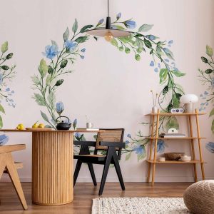 Papier peint - Romantic wreath - plant motif with blue flowers and leaves