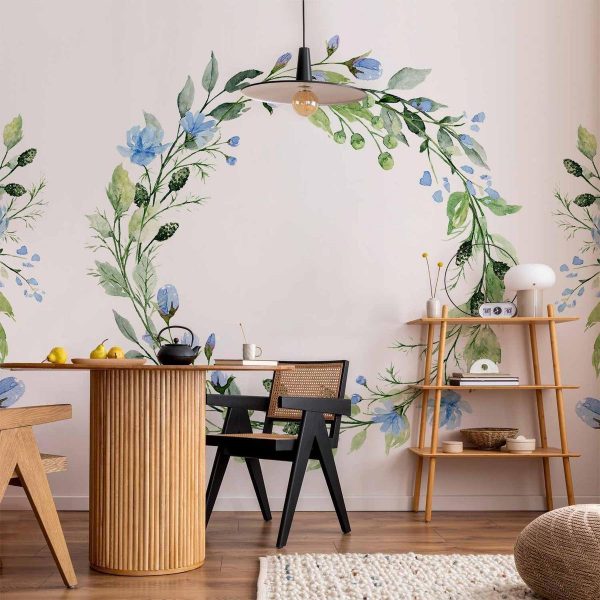 Papier peint - Romantic wreath - plant motif with blue flowers and leaves