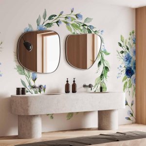 Papier peint - Romantic wreath - plant motif with blue flowers and leaves