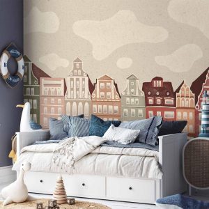 Papier peint - Salt Square - Colorful Illustrated Townhouses Against a Cloudy Sky Background