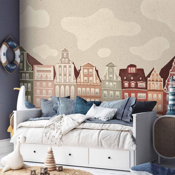 Papier peint - Salt Square - Colorful Illustrated Townhouses Against a Cloudy Sky Background