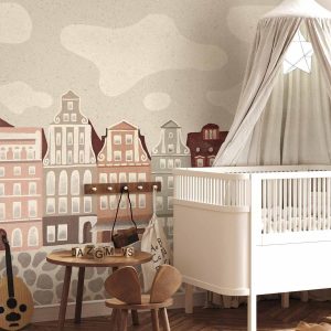 Papier peint - Salt Square - Colorful Illustrated Townhouses Against a Cloudy Sky Background