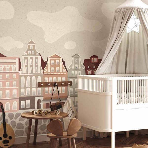 Papier peint - Salt Square - Colorful Illustrated Townhouses Against a Cloudy Sky Background