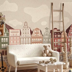 Papier peint - Salt Square - Colorful Illustrated Townhouses Against a Cloudy Sky Background