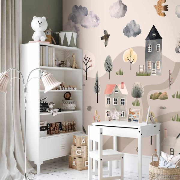 Papier peint - Scandinavian Valley - Village in Pastel Colours Painted in Watercolours