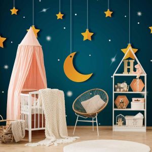 Papier peint - Skyline - turquoise night sky landscape with stars for children